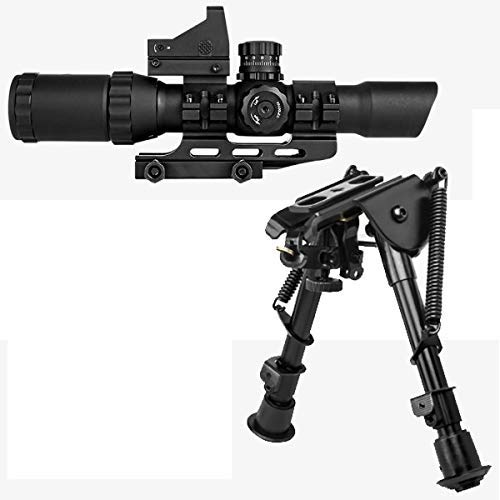M1SURPLUS Optics Kit with Tactical 1-4x28 Quick Detach Rifle Scope (Small Cross Illuminated Reticle) + Micro Dot Backup Aiming Sight + Adjustable Bipod/Fits Weaver Picatinny Mounts