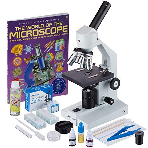 AmScope M500C-SP14-CLS-50P100S-WM 40x-2500x Advanced Home School Compound Microscope with Slide Preparation Kit and Book