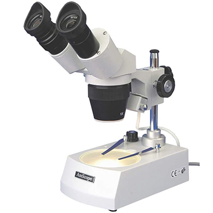 AmScope SE308-PZ Binocular Stereo Microscope, WF10x and WF20x Eyepieces, 20X/40X/80X Magnification, 2X and 4X Objectives, Upper and Lower Halogen Lighting, Reversible Black/White Stage Plate, Pillar Stand, Rotating Head, 110V-120V