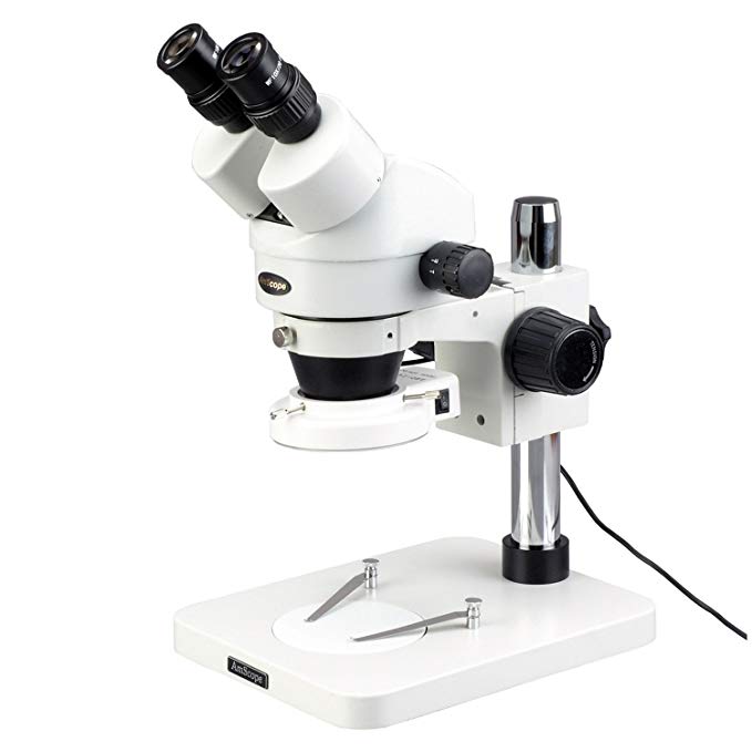 AmScope SM-1BS-144S Professional Binocular Stereo Zoom Microscope, WH10x Eyepieces, 7X-45X Magnification, 0.7X-4.5X Zoom Objective, 144-Bulb LED Ring Light, Pillar Stand, 110V-240V
