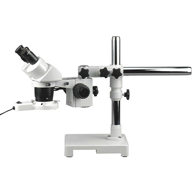 AmScope SW-3B13X-FRL Binocular Stereo Microscope, WH10x Eyepieces, 5X/10X/15X/30X Magnification, 1X/3X Objective, Single-Arm Boom Stand, 8W Fluorescent Ring Light, 110V-120V, Includes 0.5x Barlow Lens