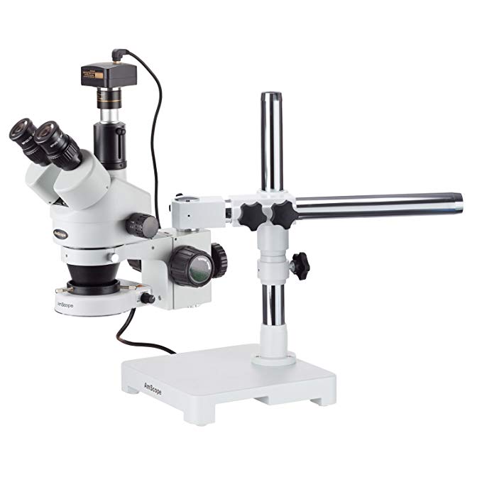 AmScope SM-3TY-80S-3M Digital Professional Trinocular Stereo Zoom Microscope, WH10x Eyepieces, 7X-90X Magnification, 0.7X-4.5X Zoom Objective, 80-Bulb LED Ring Light, Single-Arm Boom Stand, 90V-265V, Includes 2.0X Barlow Lens and 3MP Camera with Reduction Lens and Software