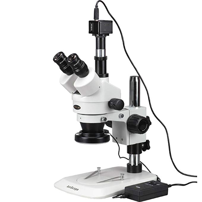 AmScope SM-1TNX-144-M Digital Professional Trinocular Stereo Zoom Microscope, WH10x Eyepieces, 3.5X-45X Magnification, 0.7X-4.5X Zoom Objective, 144-Bulb LED Ring Light, Pillar Stand, 110V-240V, Includes 0.5X Barlow Lens and 1.3MP Camera with Reduction Lens and Software