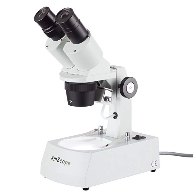 AmScope SE306R-AY Forward-Mounted Binocular Stereo Microscope, WF10x and WF15x Eyepieces, 20X/30X/40X/60X Magnification, 2X and 4X Objectives, Upper and Lower Halogen Lighting, Reversible Black/White Stage Plate, Arm Stand, 120V