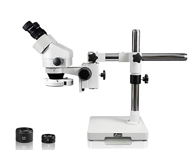 Vision Scientific VS-3EZ-IFR07 Binocular Zoom Stereo Microscope, 10x WF Eyepiece, 0.7x—4.5x Zoom, 3.5x—90x Magnification, 0.5x & 2x Auxiliary Lens, Single Arm Boom Stand, 144-LED Ring Light