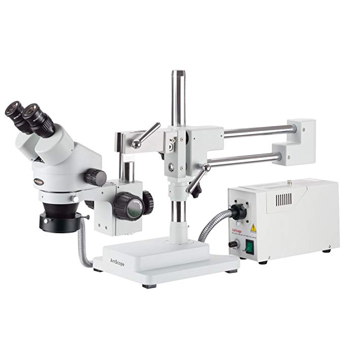 AmScope SM-4BZ-FOR Professional Binocular Stereo Zoom Microscope, WH10x Eyepieces, 3.5X-90X Magnification, 0.7X-4.5X Zoom Objective, Fiber-Optic Ring Light, Double-Arm Boom Stand, 110V-120V, Includes 0.5x and 2.0x Barlow Lenses