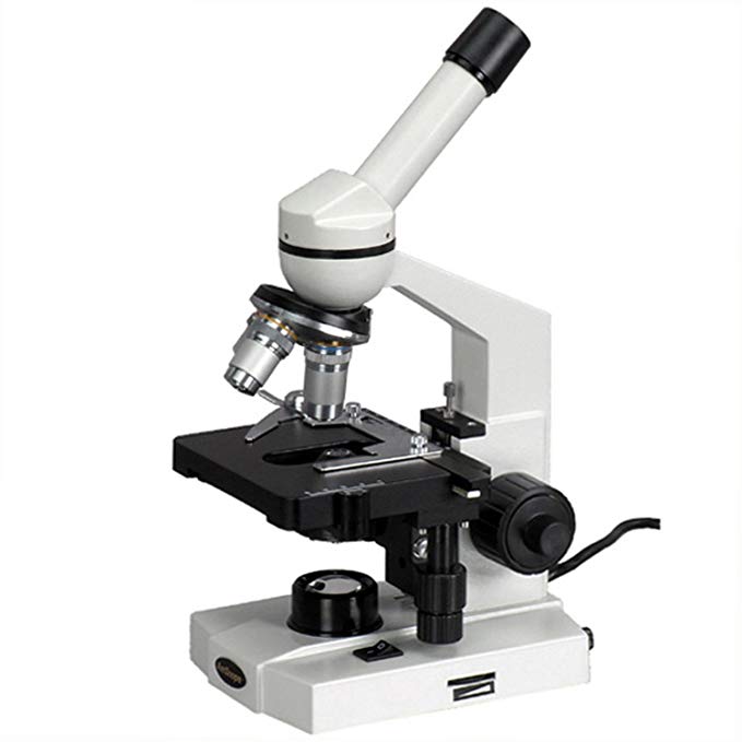 AmScope M600C Compound Monocular Microscope, WF10x and WF25x Eyepieces, 40x-2500x Magnification, Brightfield, Tungsten Illumination, Abbe Condenser, Mechanical Stage, 110V