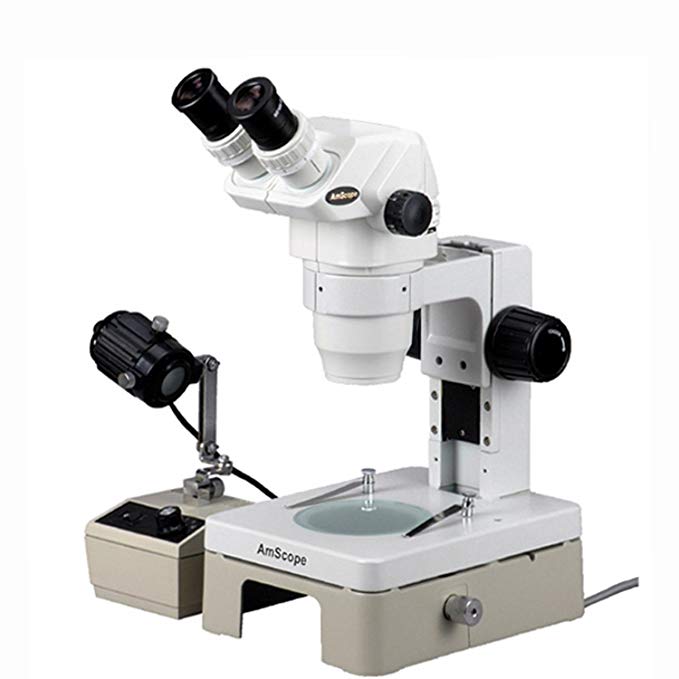 AmScope ZM-2BY-EB Professional Binocular Stereo Zoom Microscope for Biological Applications, EW10x Eyepieces, 6.7X-90X Magnification, 0.67X-4.5X Zoom Objective, Upper and Lower Halogen Lighting, Track Stand, 110V-120V, Includes 2.0X Barlow Lens