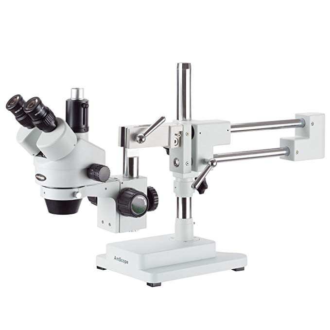 AmScope SM-4TZ Professional Trinocular Stereo Zoom Microscope, WH10x Eyepieces, 3.5X-90X Magnification, 0.7X-4.5X Zoom Objective, Ambient Lighting, Double-Arm Boom Stand, Includes 0.5X and 2.0X Barlow Lens