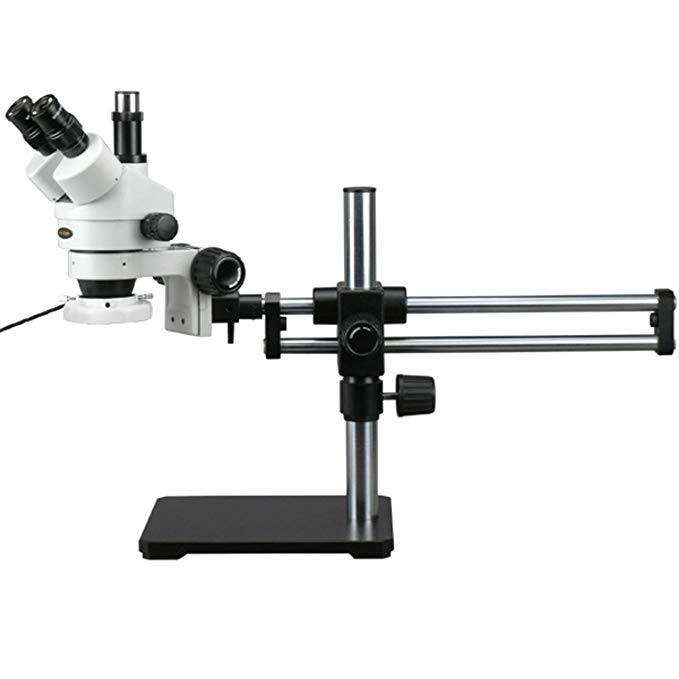 AmScope SM-5TZZ-144S Professional Trinocular Stereo Zoom Microscope, WH10x and WH20x Eyepieces, 3.5X-180X Magnification, 0.7X-4.5X Zoom Objective, 144-Bulb LED Ring Light, Ball-Bearing Double-Arm Boom Stand, 110V-240V, Includes 0.5X and 2.0X Barlow Lenses