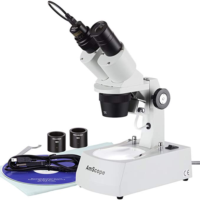 AmScope SE305R-AZ-E2 Digital Forward-Mounted Binocular Stereo Microscope, WF10x and WF20x Eyepieces, 10X/20X/30X/60X Magnification, 1X and 3X Objectives, Upper and Lower Halogen Light Source, Arm Stand, 120V, Includes 2MP Camera and Software