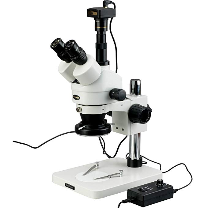 AmScope SM-1TSZ-144-10M Digital Professional Trinocular Stereo Zoom Microscope, WH10x Eyepieces, 3.5X-90X Magnification, 0.7X-4.5X Zoom Objective, 144-Bulb LED Ring Light, Pillar Stand, Includes 0.5X and 2.0X Barlow Lenses and 10MP Camera with Reduction Lens and Software