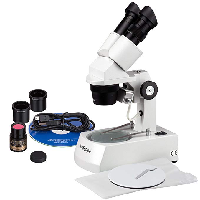 AmScope SE306-A-E Digital Binocular Stereo Microscope, WF10x Eyepieces, 20X and 40X Magnification, 2X and 4X Objectives, Upper and Lower Halogen Lighting, Reversible Black/White Stage Plate, Arm Stand, 120V, Includes 0.3MP Camera and Software