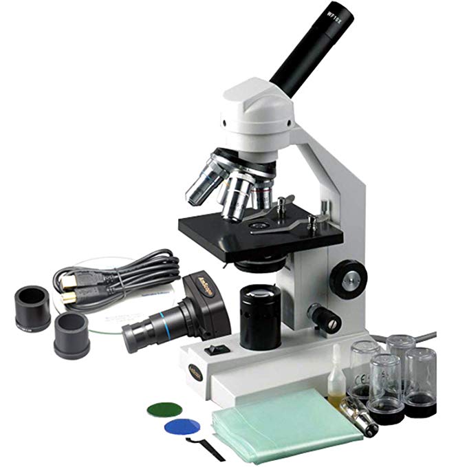 AmScope M500B-MS-M Digital Monocular Compound Microscope, WF10x and WF20x Eyepieces, 40x-2000x Magnification, Anti-Mold Optics, Tungsten Illumination, Brightfield, Abbe Condenser, Coarse and Fine Focus, Plain Stage with Mechanical Specimen Holder, 110V, Includes 1.3MP Camera with Reduction Lens and Software