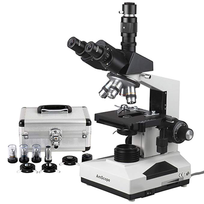 AmScope T490A-PCS Compound Trinocular Microscope, WF10x and WF16x Eyepieces, 40X-1600X Magnification, Brightfield, Halogen Illumination, Abbe Condenser, Double-Layer Mechanical Stage, Sliding Head, High-Resolution Optics, Includes 3 Phase-Contrast Objectives and Rings