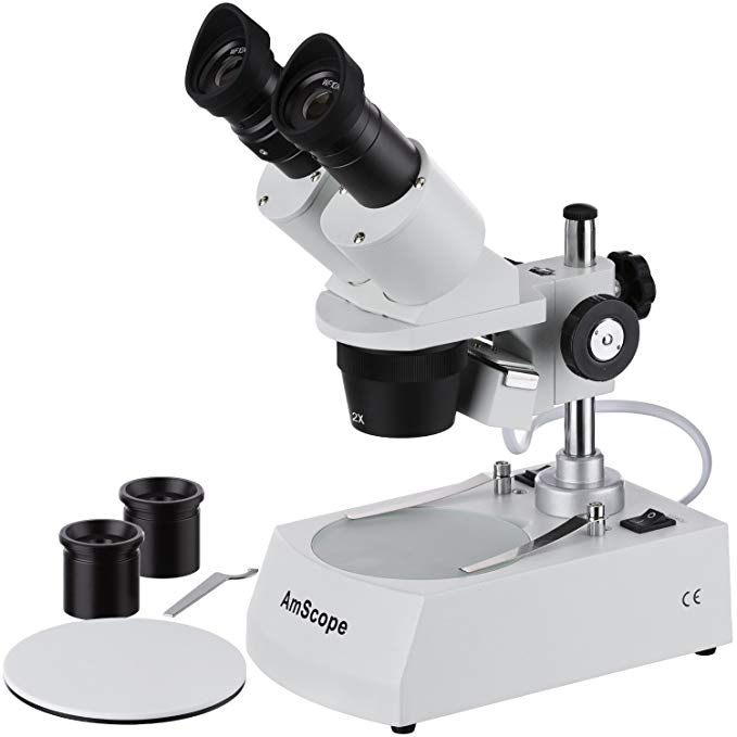 AmScope SE306R-PZ Forward Binocular Stereo Microscope, WF10x and WF20x Eyepieces, 10X-80X Magnification, 2X and 4X Objectives, Upper and Lower Halogen Light Source, Pillar Stand, 120V