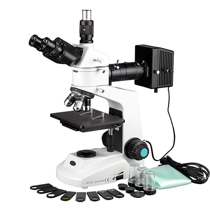 AmScope ME320T-PZ Polarizing Trinocular Metallurgical Microscope, WF10x Eyepieces, 50X-500X Magnification, 30W Halogen Illumination with Rheostat, Double-Layer Mechanical Stage, Sliding Head, High-Resolution Optics, 90-240V