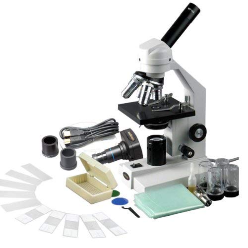 AmScope M500A-P-PB10 Digital Monocular Compound Microscope, WF10x and WF16x Eyepieces, 40x-1600x Magnification, Anti-Mold Optics, Tungsten Illumination, Brightfield, Abbe Condenser, Coarse and Fine Focus, Plain Stage, 110V, Includes 0.3MP Camera with Reduction Lens and Software, 5 Blank Slides, and 5 Prepared Slides