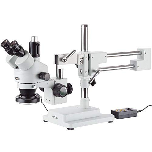 AmScope 3.5X-45X Simul-Focal Stereo Zoom Microscope on Dual Arm Boom Stand with 144-LED Ring Light