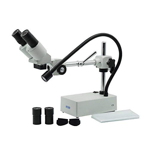 OPTO-EDU A22.1201-C2 Professional Binocular Stereo Microscope, WF5x and WF10x Eyepieces, 5X and 10X Magnification, 1X Objective, LED Lighting, Boom-Arm Stand, 110V-120V, Metal, Glass, Plastic