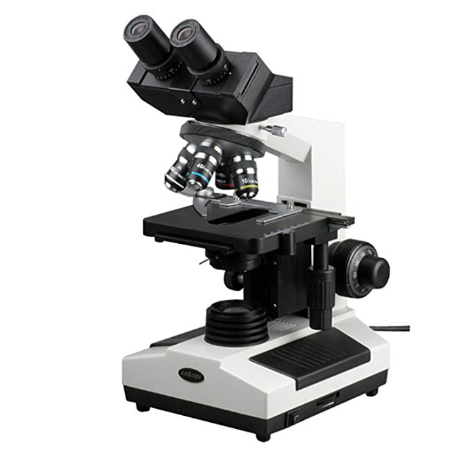 AmScope B390B Compound Binocular Microscope, 40X-2000X Magnification, Brightfield, Halogen Illumination, Abbe Condenser, Double-Layer Mechanical Stage, Sliding Head