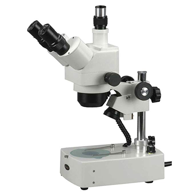 AmScope SH-2TZ Professional Trinocular Stereo Zoom Microscope, WF5x, WF10x and WF20x Eyepieces, 5X-80X Magnification, 1X-4X Zoom Objective, Upper and Lower Halogen Lighting, 110V-120V, Includes 0.5x Barlow Lens