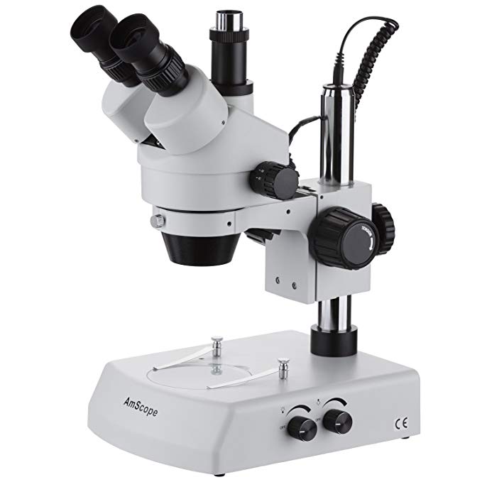 AmScope SM-2TZ Professional Trinocular Stereo Zoom Microscope, WH10x Eyepieces, 3.5X-90X Magnification, 0.7X-4.5X Zoom Objective, Upper and Lower Halogen Lighting, Pillar Stand, 110V-120V, Includes 0.5X and 2.0X Barlow Lenses