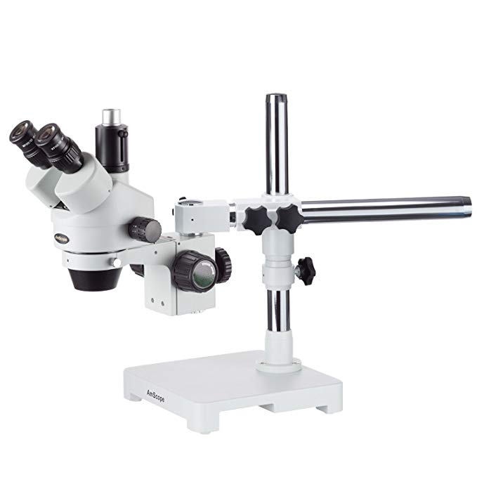AmScope SM-3TYY Professional Trinocular Stereo Zoom Microscope, WH10x and WH15x Eyepieces, 7X-135X Magnification, 0.7X-4.5X Zoom Objective, Ambient Lighting, Single-Arm Boom Stand, Includes 2.0X Barlow Lens
