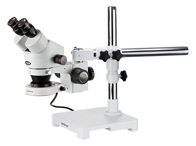 AmScope SM-3BX-80S Professional Binocular Stereo Zoom Microscope, WH10x Eyepieces, 3.5X-45X Magnification, 0.7X-4.5X Zoom Objective, 80-Bulb LED Ring Light, Single-Arm Boom Stand, 90V-265V, Includes 0.5x Barlow Lens