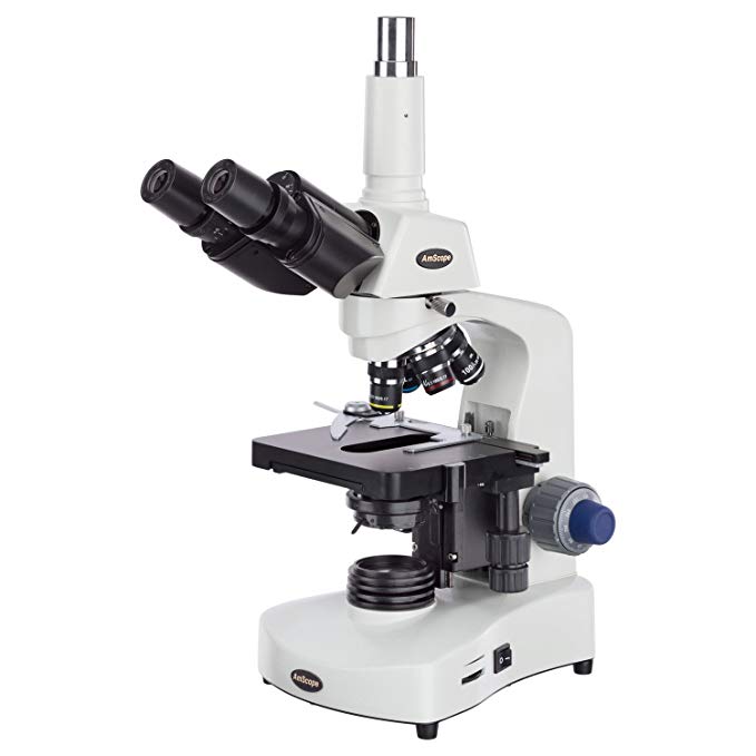 AmScope T340B-LED Siedentopf Trinocular Compound Microscope, 40X-2000X Magnification, Brightfield, WF10x and WF20x Eyepieces, LED Illumination, Abbe Condenser, Double-Layer Mechanical Stage