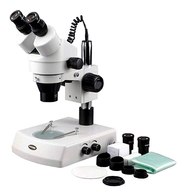 AmScope SM-2BYY Professional Binocular Stereo Zoom Microscope, WH10x and WH20x Eyepieces, 7X-180X Magnification, 0.7X-4.5X Zoom Objective, Upper and Lower Halogen Lighting, Pillar Stand, 110V-120V, Includes 2.0x Barlow Lens