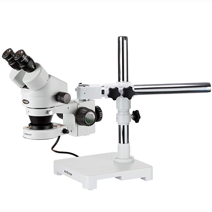 AmScope SM-3BZZ-80S Professional Binocular Stereo Zoom Microscope, WH10x and WH20x Eyepieces, 3.5X-180X Magnification, 0.7X-4.5X Zoom Objective, 80-Bulb LED Ring Light, Single-Arm Boom Stand, 90V-265V, Includes 0.5x and 2.0x Barlow Lens