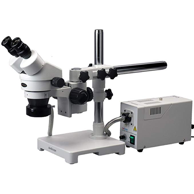 AmScope SM-3B-FOR Professional Binocular Stereo Zoom Microscope, WH10x Eyepieces, 7X-45X Magnification, 0.7X-4.5X Zoom Objective, Fiber-Optic Ring Light, Single-Arm Boom Stand, 110V-120V