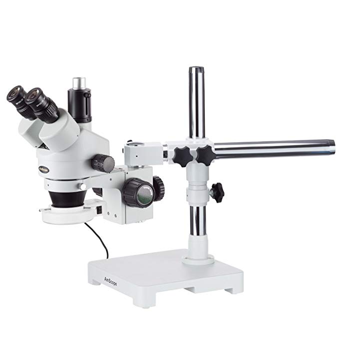 AmScope SM-3TZZ-54S Professional Trinocular Stereo Zoom Microscope, WH10x and WH20x Eyepieces, 3.5X-180X Magnification, 0.7X-4.5X Zoom Objective, 54-Bulb LED Light, Single-Arm Boom Stand, 110V-240V, Includes 0.5X and 2.0X Barlow Lenses