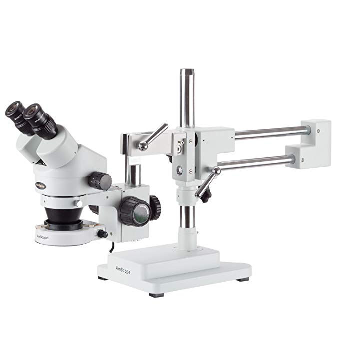 AmScope SM-4B-80S Professional Binocular Stereo Zoom Microscope, WH10x Eyepieces, 7X-45X Magnification, 0.7X-4.5X Zoom Objective, 80-Bulb LED Ring Light, Double-Arm Boom Stand, 90V-265V