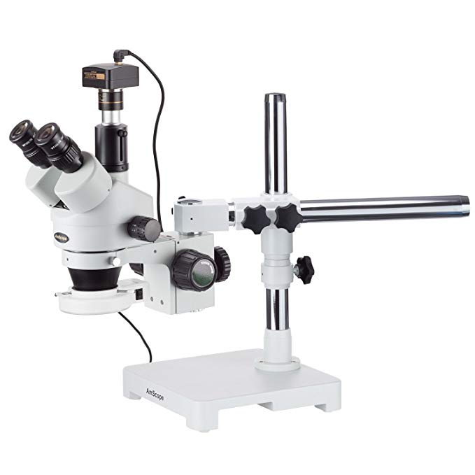 AmScope SM-3TZ-54S-5M Digital Professional Trinocular Stereo Zoom Microscope, WH10x Eyepieces, 3.5X-90X Magnification, 0.7X-4.5X Zoom Objective, 54-Bulb LED Light, Single-Arm Boom Stand, 110V-240V, Includes 0.5X and 2.0X Barlow Lenses and 5MP Camera with Reduction Lens and Software