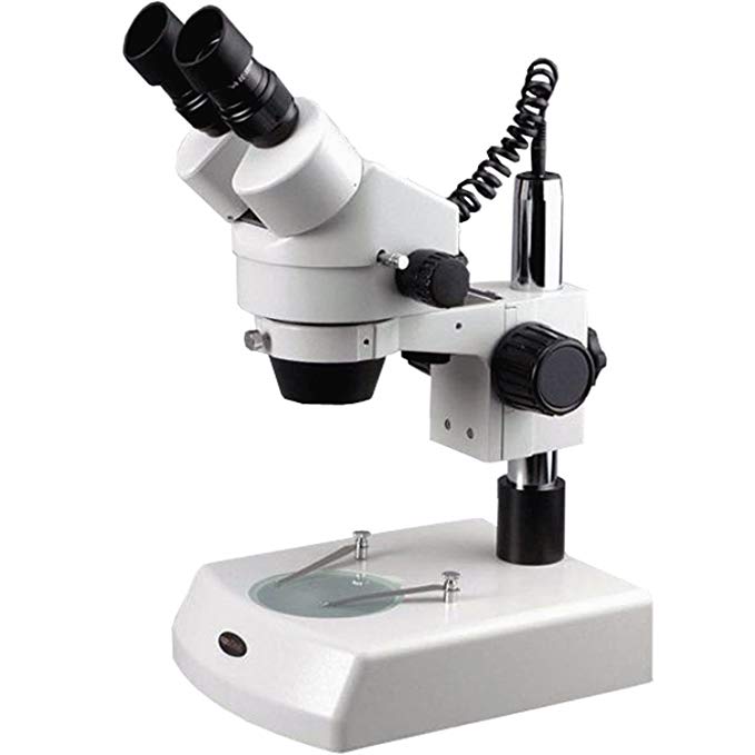AmScope SM-2BZ Professional Binocular Stereo Zoom Microscope, WH10x Eyepieces, 3.5X-90X Magnification, 0.7X-4.5X Zoom Objective, Upper and Lower Halogen Lighting, Pillar Stand, 110V-120V, Includes 0.5x and 2.0x Barlow Lenses