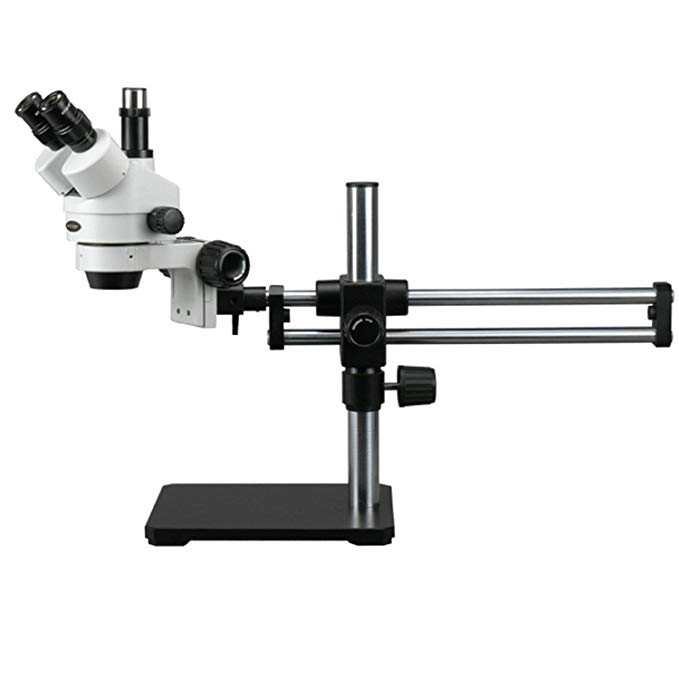 AmScope SM-5TX Professional Trinocular Stereo Zoom Microscope, WH10x Eyepieces, 3.5X-45X Magnification, 0.7X-4.5X Zoom Objective, Ambient Lighting, Ball-Bearing Double-Arm Boom Stand, Includes 0.5X Barlow Lens