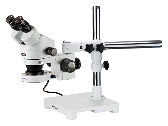 AmScope SM-3BZ-80S Binocular Stereo Microscope, WF10x Eyepieces, 3.5X-90X Magnification, 0.7X-4.5X Objective Power, 0.5X and 2.0X Barlow Lenses, 80-Bulb Ring-Style LED Light Source, Single-Arm Boom Stand, 110V