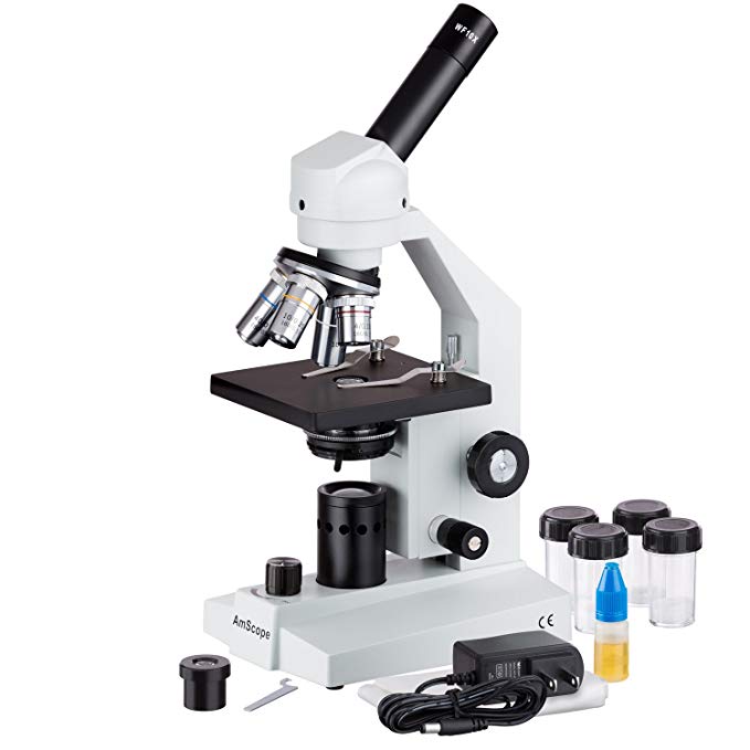 AmScope M500B-LED Cordless Monocular Compound Microscope, WF10x and WF20x Eyepieces, 40x-2000x Magnification, Anti-Mold Optics, LED Illumination, Brightfield, Abbe Condenser, Coarse and Fine Focus, Plain Stage, 110V or Battery