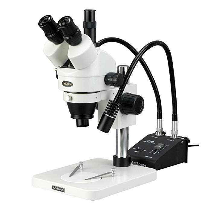 AmScope SM-1TSX-L6W Professional Trinocular Stereo Zoom Microscope, WH10x Eyepieces, 3.5X-45X Magnification, 0.7X-4.5X Zoom Objective, 6W Dual-Gooseneck LED Light, Pillar Stand, 85V-265V, Includes 0.5X Barlow Lens