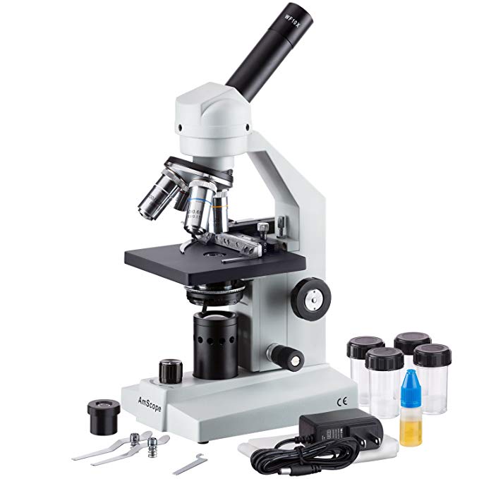 AmScope M500B-MS-LED Cordless Monocular Compound Microscope, WF10x and WF20x Eyepieces, 40x-2000x Magnification, Anti-Mold Optics, LED Illumination, Brightfield, Abbe Condenser, Coarse and Fine Focus, Plain Stage with Mechanical Specimen Holder, 110V or Battery