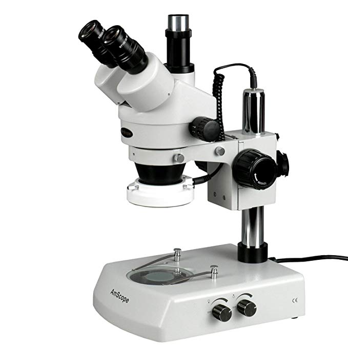 AmScope SM-2T-LED Professional Trinocular Stereo Zoom Microscope, WH10x Eyepieces, 7X-45X Magnification, 0.7X-4.5X Zoom Objective, Upper and Lower LED Lighting, Pillar Stand, 110V-120V