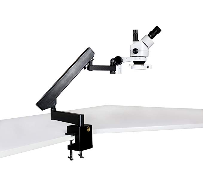 Vision Scientific VS-7F-IFR07 Trinocular Zoom Stereo Microscope, 10x Widefield Eyepiece, 0.7X—4.5X Zoom Range, 7X—45x Magnification Range, Articulating Arm Clamp Stand, 144-LED Ring Light