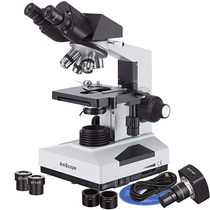 AmScope B490B-P Digital Compound Binocular Microscope, WF10x and WF20x Eyepieces, 40X-2000X Magnification, Brightfield, LED Illumination, Abbe Condenser, Double-Layer Mechanical Stage, Sliding Head, High-Resolution Optics, Anti-Mold, Includes 0.3MP Camera with Reduction Lens and Software