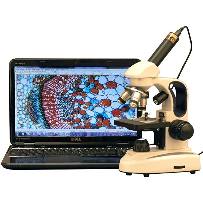 AmScope M158C-2L-E2 Compound Monocular Microscope, WF10x and WF25x Eyepieces, 40x-1000x Magnification, Upper and Lower LED Illumination, Brightfield, Single-Lens Condenser, Coaxial Coarse and Fine Focus, Plain Stage, 110V, Includes 2MP Camera and Software