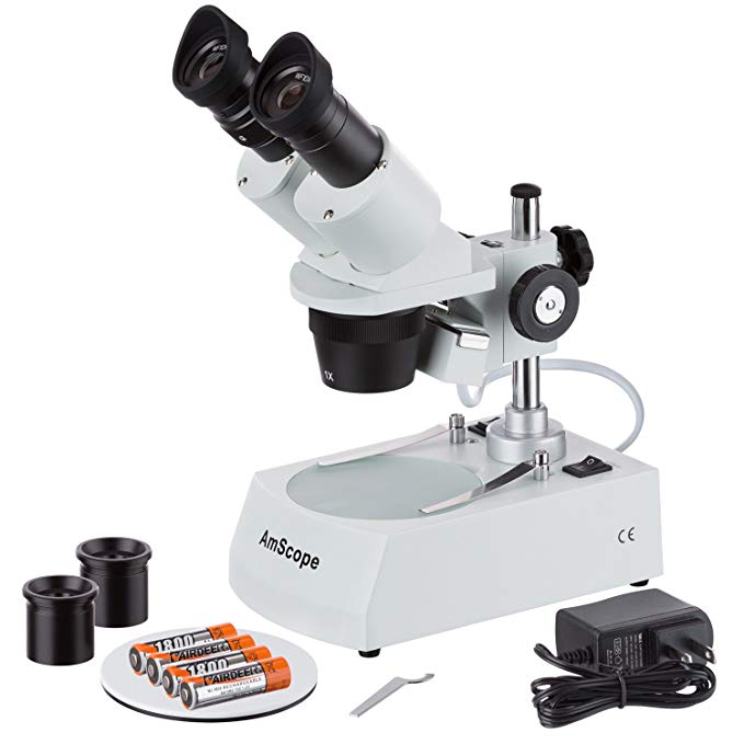 AmScope SE305R-PX-LED Forward-Mounted Binocular Stereo Microscope, WF5x and WF10x Eyepieces, 5X/10X/15X/30X Magnification, 1X and 3X Objectives, Upper and Lower LED Lighting, Reversible Black/White Stage Plate, Pillar Stand, 120V or Battery-Powered