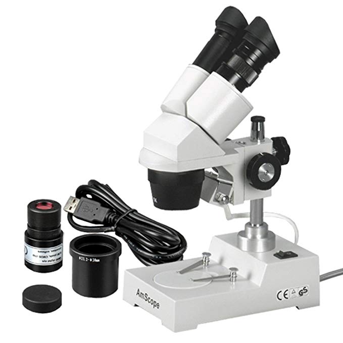 AmScope SE303-P-E Digital Binocular Stereo Microscope, WF10x Eyepieces, 10X and 30X Magnification, 1X and 3X Objectives, Tungsten Lighting, Reversible Black/White Stage Plate, Pillar Stand, 110V, Includes 0.3MP Camera and Software