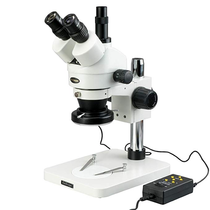 AmScope SM-1TSX-144A Professional Trinocular Stereo Zoom Microscope, WH10x Eyepieces, 3.5X-45X Magnification, 0.7X-4.5X Zoom Objective, Four-Zone LED Ring Light, Pillar Stand, 100V-240V, Includes 0.5X Barlow Lens