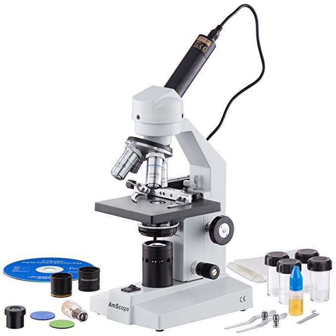 AmScope M500C-MS-E Digital Monocular Compound Microscope, WF10x and WF25x Eyepieces, 40x-2500x Magnification, Anti-Mold Optics, Tungsten Illumination, Brightfield, Abbe Condenser, Coarse and Fine Focus, Plain Stage with Mechanical Slide Holder, 110V, Includes 0.3MP Camera and Software